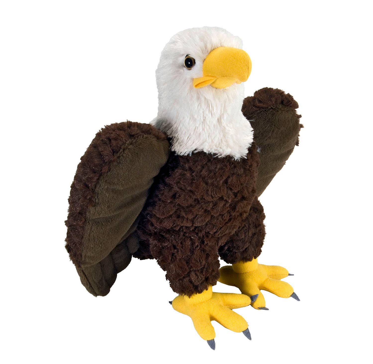 The Stuffed Eagle is a plush toy with a fluffy white head, brown body, outstretched wings, yellow beak and feet, and gray talons.