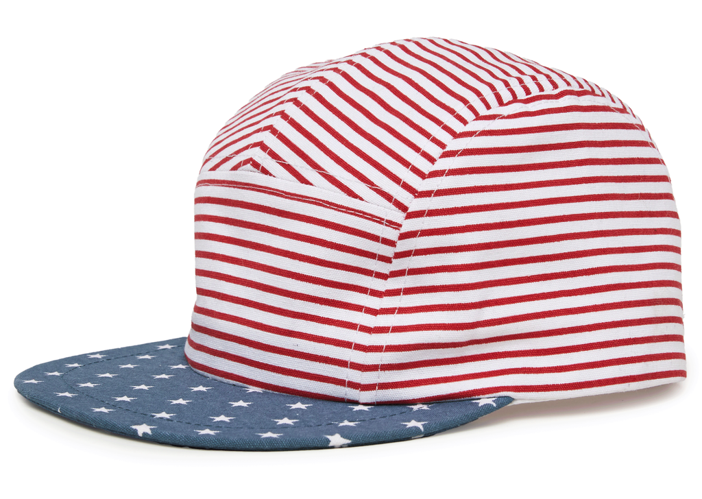 The Stars and Stripes Camper Hat for babies and toddlers features red and white stripes on the crown, a blue brim with white stars, and an adjustable snapback for comfort.