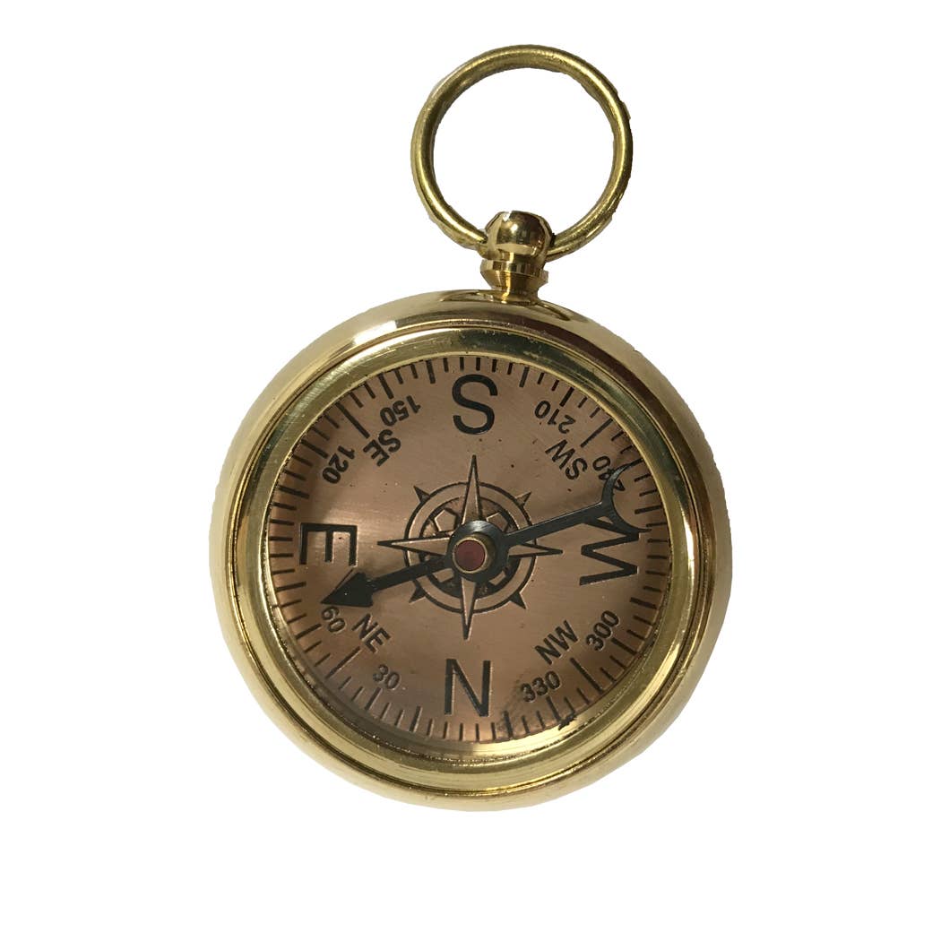 The Solid Polished Brass Pocket Compass features a top loop and displays cardinal directions with degree markings on its face, shown isolated on a white background.