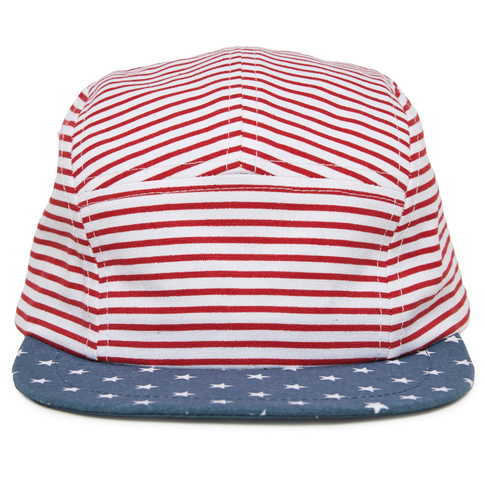 The Stars and Stripes Camper Hat for babies and toddlers features red and white striped panels, a blue brim with white stars, and an adjustable snapback.