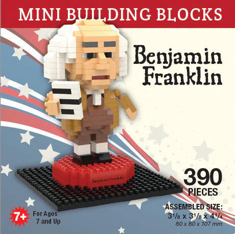 Benjamin Franklin Mini Blocks set includes 390 pieces, assembles on a red and black base, and is suitable for ages 7+. Features a stars and stripes background with “Benjamin Franklin” text—ideal for history buffs and building enthusiasts!.