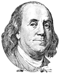 The Benjamin Franklin Engraving Sticker features a black and white engraving-style portrait of a long-haired man in a coat and cravat, facing right, with "FRANKLIN" beneath—evoking the historic charm of Philadelphia.