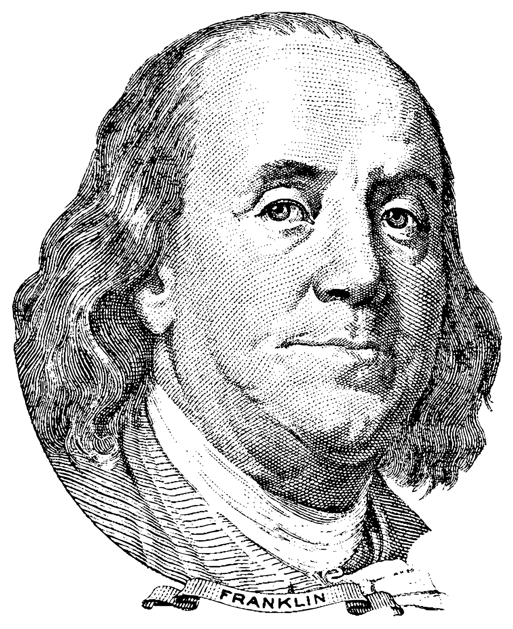The Benjamin Franklin Engraving Sticker features a black and white engraving-style portrait of a long-haired man in a coat and cravat, facing right, with "FRANKLIN" beneath—evoking the historic charm of Philadelphia.