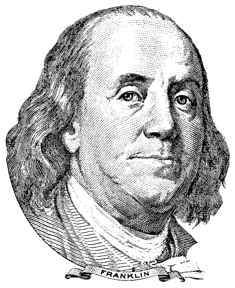 The Benjamin Franklin Engraving Sticker features a black and white engraving-style portrait of a long-haired man in a coat and cravat, facing right, with "FRANKLIN" beneath—evoking the historic charm of Philadelphia.