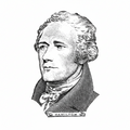 The Alexander Hamilton Engraving Sticker features a black and white portrait of Hamilton with wavy hair and a cravat, his name inscribed below — a classic, engraving-style sticker perfect for history enthusiasts.
