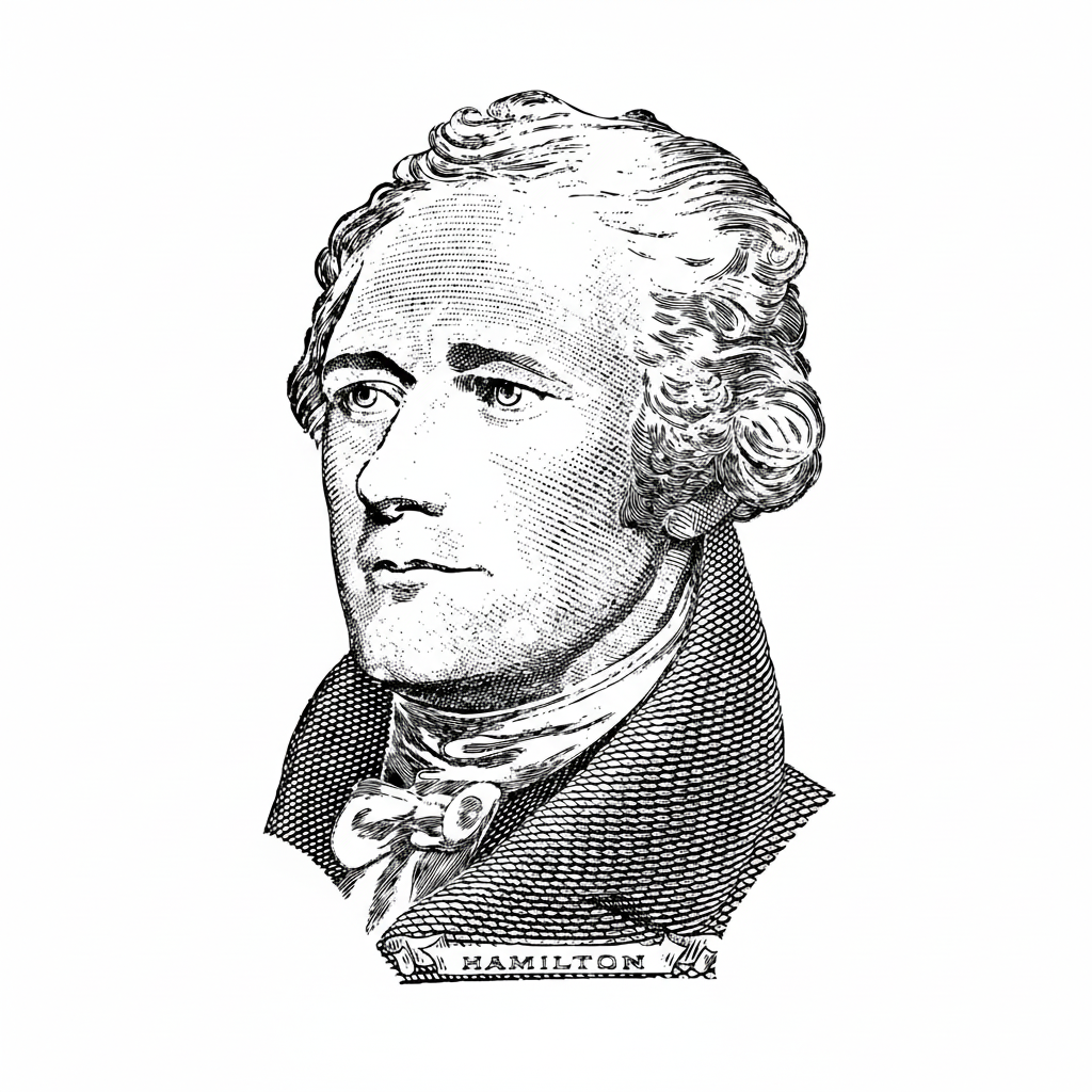 The Alexander Hamilton Engraving Sticker showcases a black-and-white portrait of Treasury Secretary Hamilton with curly hair, formal attire, and nameplate detail, all on a plain white background.