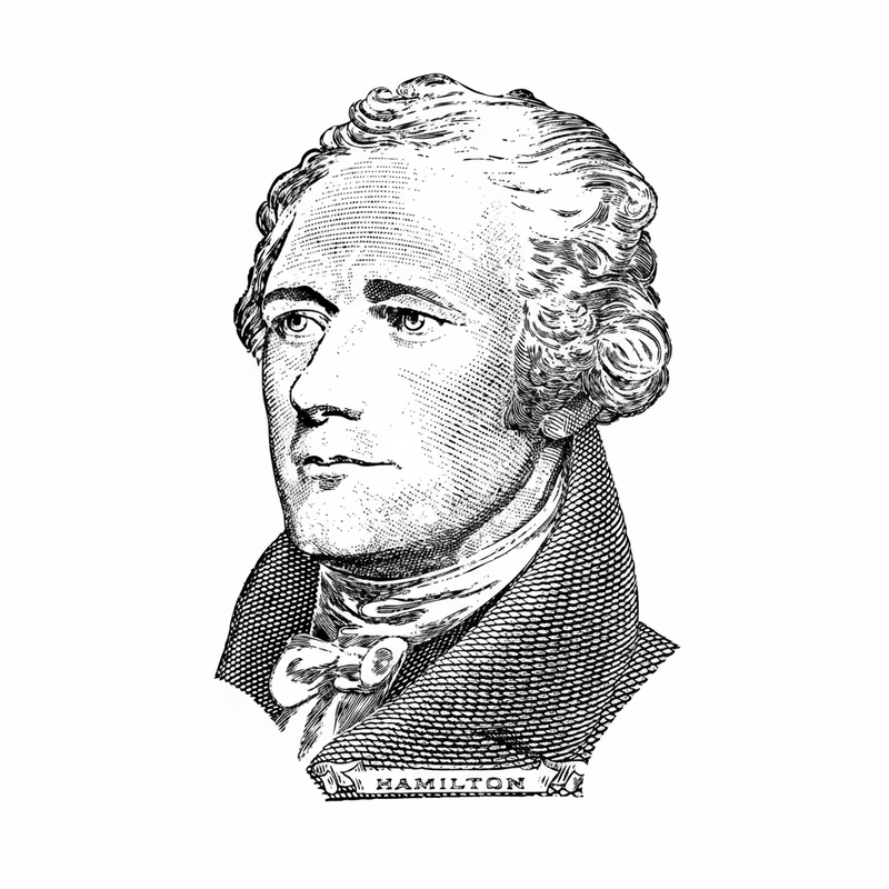 The Alexander Hamilton Engraving Sticker showcases a black-and-white portrait of Treasury Secretary Hamilton with curly hair, formal attire, and nameplate detail, all on a plain white background.
