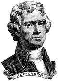 The Thomas Jefferson Engraving Sticker features a black and white portrait of Jefferson with curly hair, high-collared shirt, jacket, and a ribbon reading JEFFERSON—a durable and stylish addition to any collection.