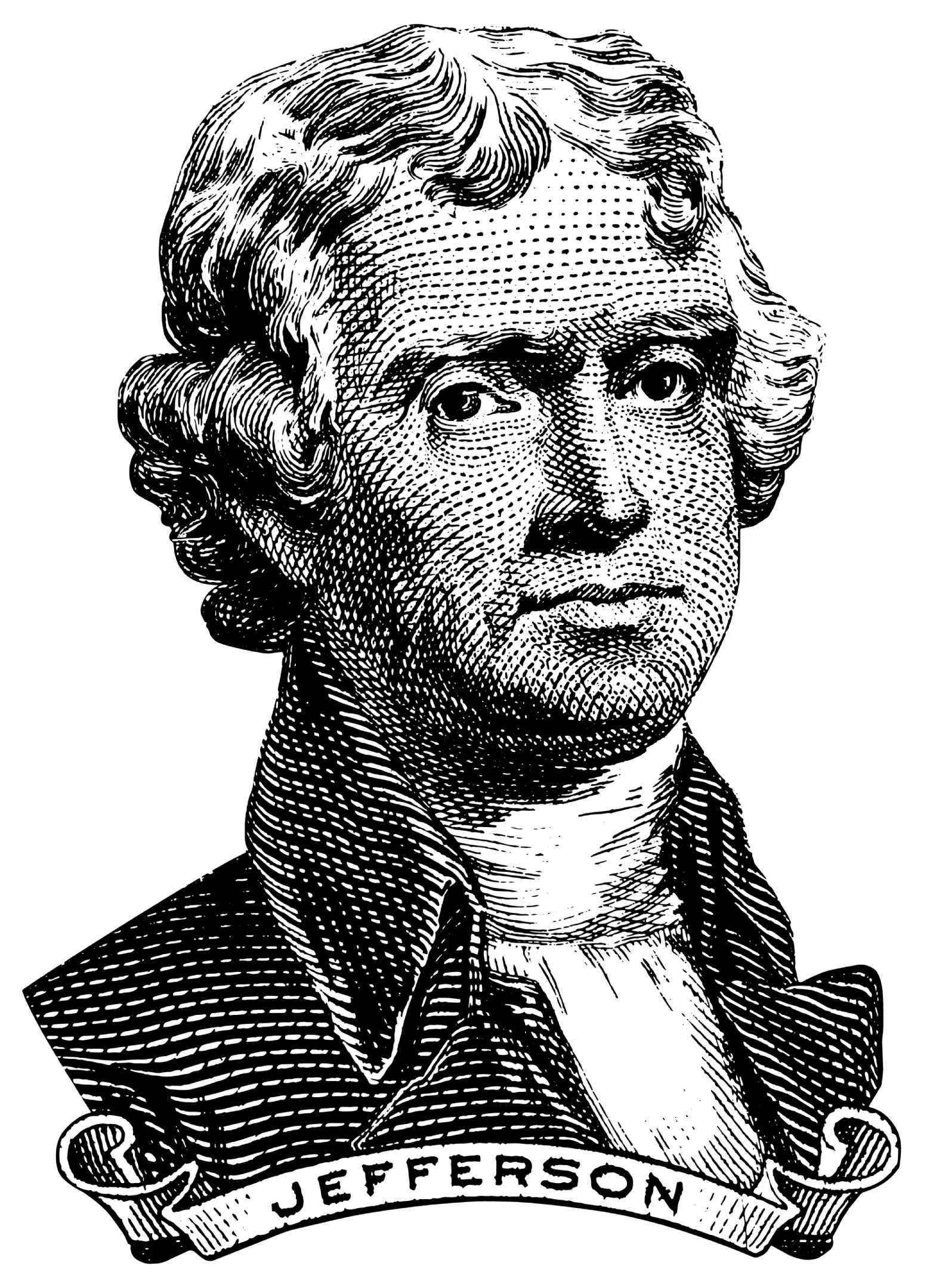 The Thomas Jefferson Engraving Sticker features a black and white portrait of Jefferson with curly hair, high-collared shirt, jacket, and a ribbon reading JEFFERSON—a durable and stylish addition to any collection.