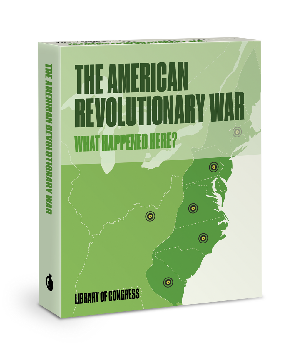 What Happened Here? The American Revolutionary War Knowledge Cards feature a green cover with an eastern U.S. map and pinpointed locations, plus the Library of Congress logo.