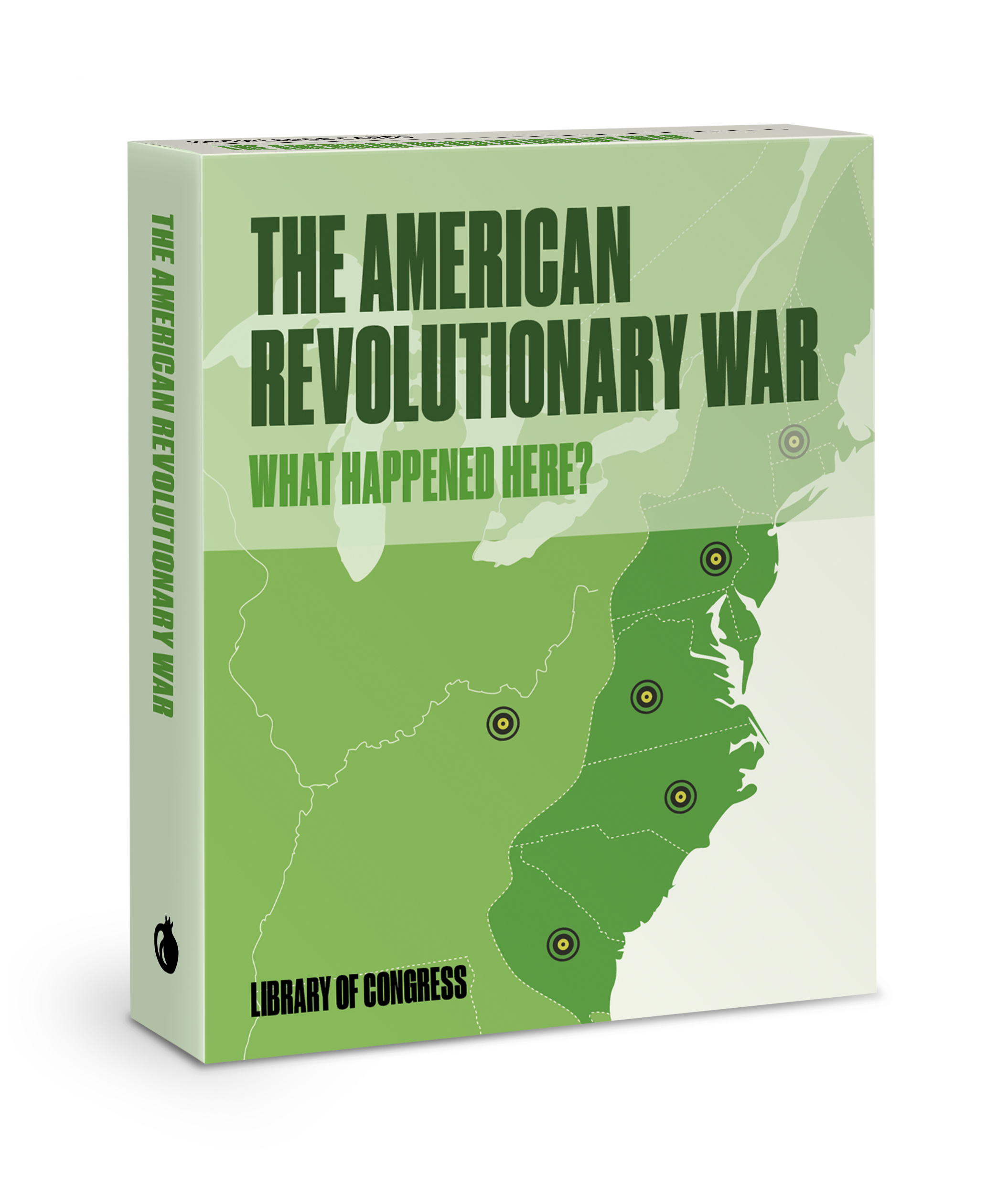 What Happened Here? The American Revolutionary War Knowledge Cards feature a green cover with an eastern U.S. map and pinpointed locations, plus the Library of Congress logo.