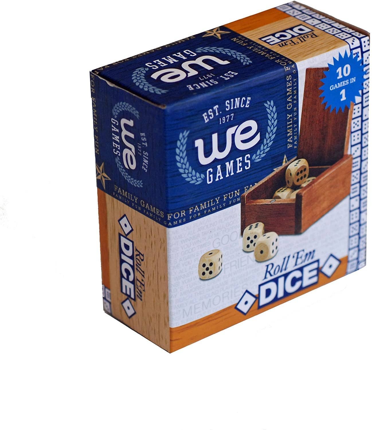 The WE Games Wooden Dice Box and 8 Wooden Dice comes in a blue and brown box marked “Est. Since 1977” and promotes “10 dice games in 1” on its packaging. The set includes eight wooden dice stored in a treasure-style box.