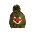 Olive green Knit Fox Beanie for Baby & Kids, hand-knit with a pom-pom on top and a knit-in fox face motif on the front.