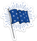 The George Washington Headquarters Flag Sticker features a blue flag with seven white stars arranged in a unique pattern, waving on a flagpole with radiant background lines—an ideal choice for American history enthusiasts.