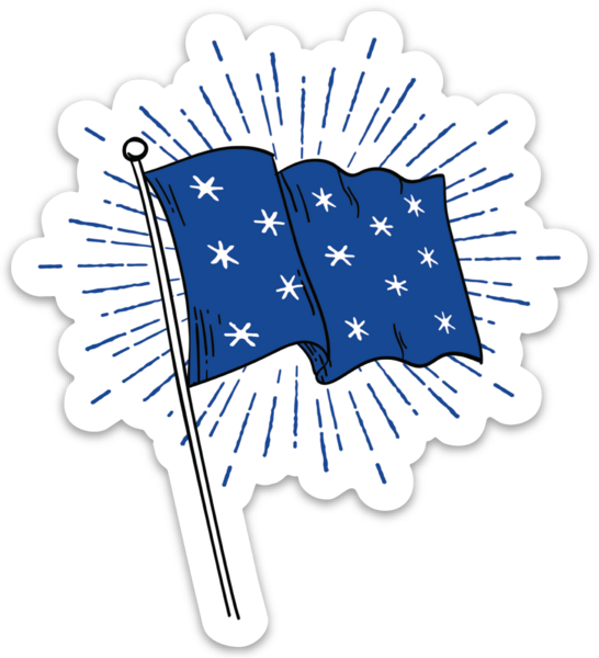 The George Washington Headquarters Flag Sticker features a blue flag with seven white stars arranged in a unique pattern, waving on a flagpole with radiant background lines—an ideal choice for American history enthusiasts.