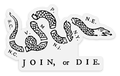 The Join or Die Sticker, Black, features a segmented snake with colonial abbreviations and the bold phrase JOIN, or DIE. beneath it—echoing Benjamin Franklin’s powerful revolutionary cartoon in striking black and white.