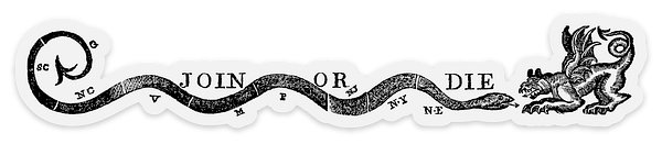Black and white illustration of a segmented snake with U.S. colony abbreviations, "Join, or Die," and a menacing creature—a classic Revolutionary image featured on our weather-resistant Massachusetts Spy Sticker.