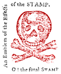 The O! The Fatal Stamp Act Sticker features a red skull and crossbones with the phrases "An Emblem of the Effects of the STAMP" and "O! the fatal STAMP"—a bold way to commemorate colonial protest and Revolutionary history.