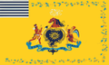 The Philadelphia Light Horse Infantry Flag Sticker features a yellow field, blue and white striped canton, horse’s head above a shield, flanked by a Native American and angel, with blue ribbons reading FOR THESE WE STRIVE.