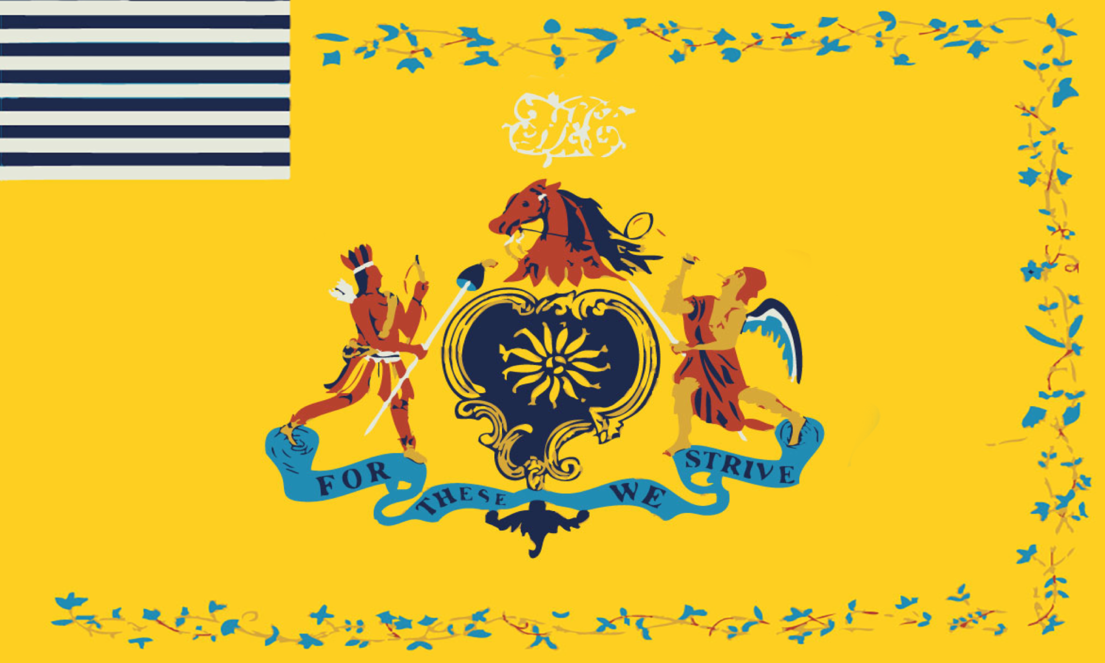 The Philadelphia Light Horse Infantry Flag Sticker features a yellow field, blue and white striped canton, horse’s head above a shield, flanked by a Native American and angel, with blue ribbons reading FOR THESE WE STRIVE.
