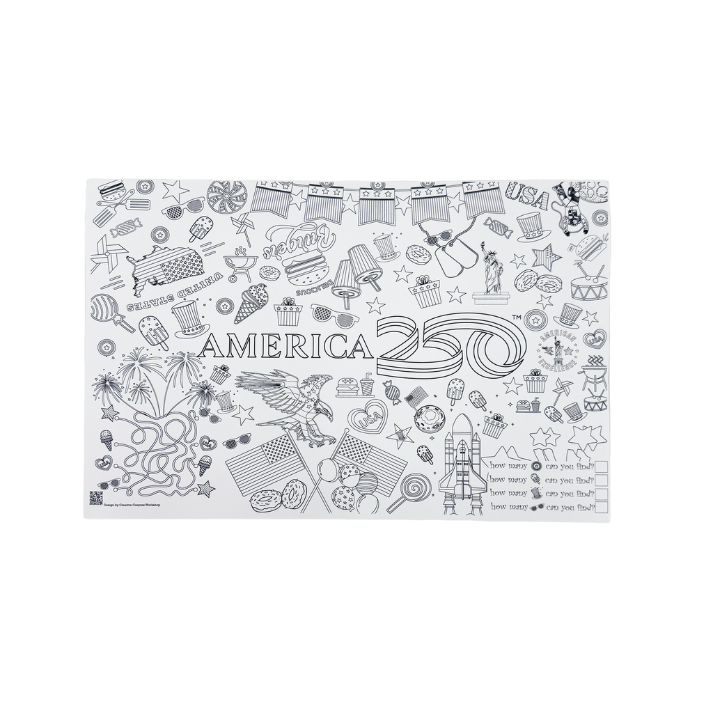 America 250 Coloring Placemats feature black and white patriotic designs with “AMERICA,” fireworks, eagle, stars, rocket, food, and doodles—ideal for kids’ activities celebrating the nation’s 250th anniversary.