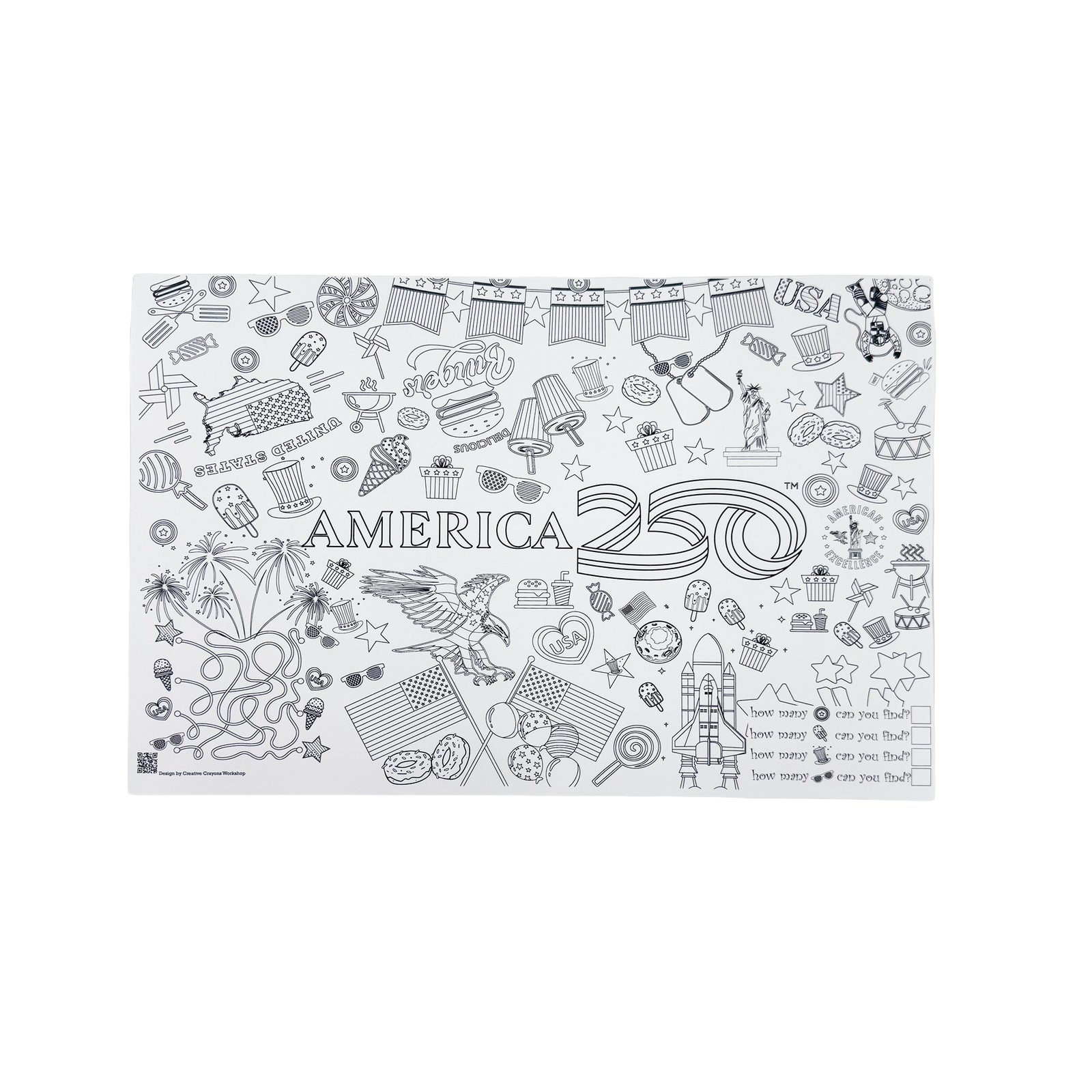 America 250 Coloring Placemats feature black and white patriotic designs with “AMERICA,” fireworks, eagle, stars, rocket, food, and doodles—ideal for kids’ activities celebrating the nation’s 250th anniversary.