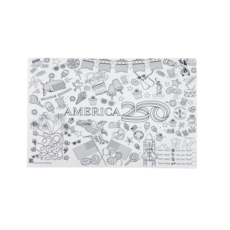 America 250 Coloring Placemats feature black and white patriotic designs with “AMERICA,” fireworks, eagle, stars, rocket, food, and doodles—ideal for kids’ activities celebrating the nation’s 250th anniversary.