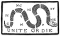 The Unite or Die Sticker features a segmented snake marked with U.S. state abbreviations and "UNITE OR DIE" below, symbolizing colonial unity in the American Revolutionary War.