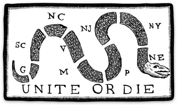The Unite or Die Sticker features a segmented snake marked with U.S. state abbreviations and "UNITE OR DIE" below, symbolizing colonial unity in the American Revolutionary War.